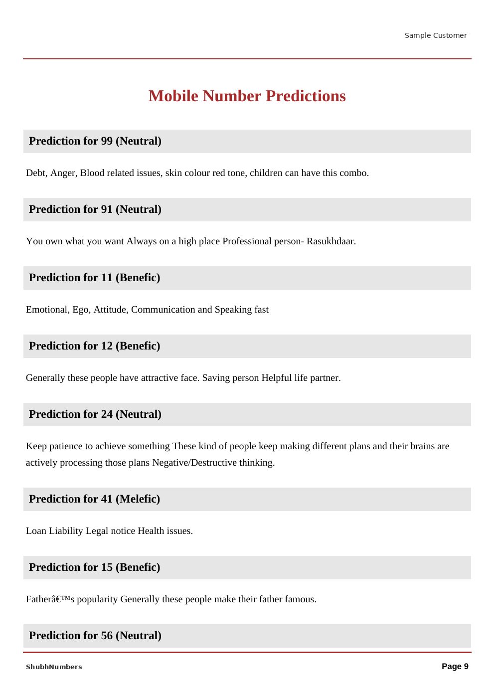 Sample page: Mobile Number Predictions